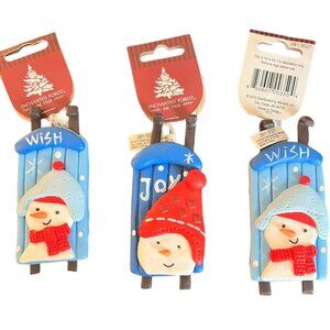 Enchanted Forest Wood/Resin Sled Ornaments Lot of 3, 1.5" X 4" NEW Wish, Joy